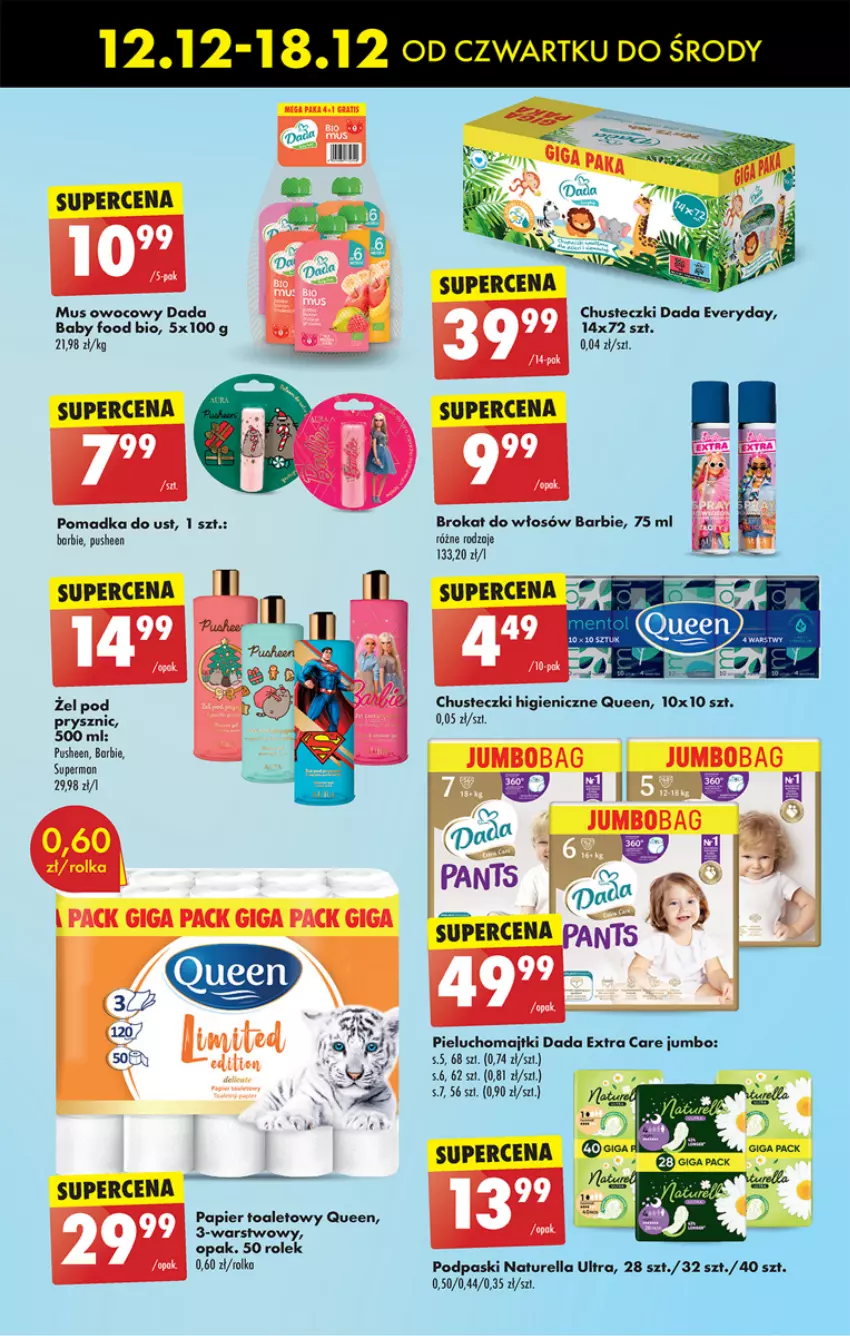 Gazetka promocyjna Biedronka - Od Czwartku - ważna 12.12 do 18.12.2024 - strona 71 - produkty: Barbie, Chusteczki, Dada, Majtki, Mus, Naturell, Naturella, Papier, Papier toaletowy, Pieluchomajtki, Podpaski