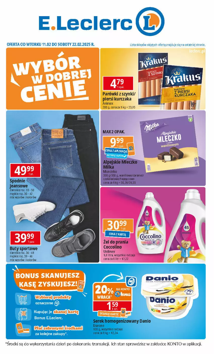 Gazetka promocyjna E Leclerc - ważna 11.02 do 22.02.2025 - strona 1 - produkty: Buty, Danio, Danone, Milka, Mleczko, Por, Ser, Serek, Serek homogenizowany, Sport, Tran