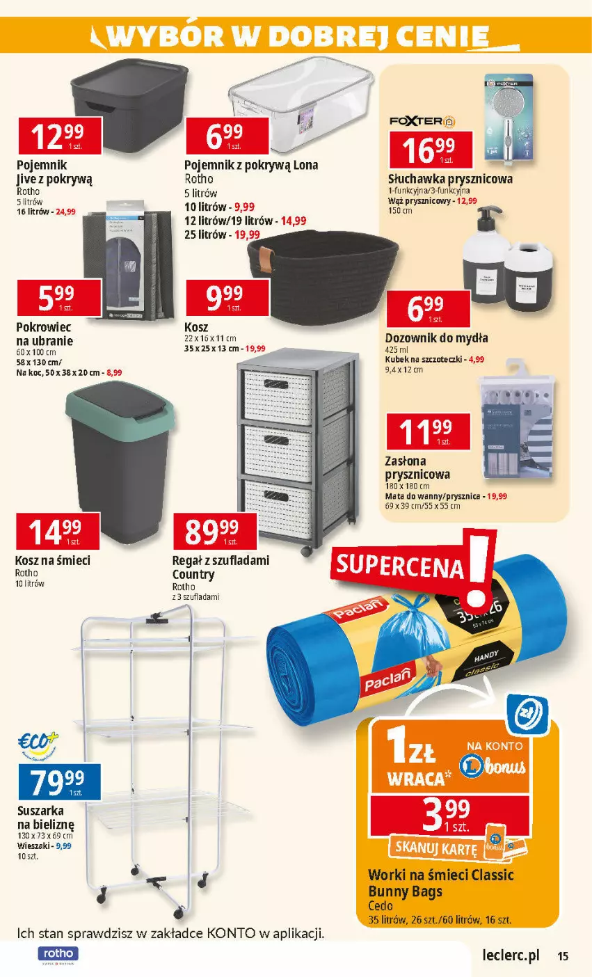 Gazetka promocyjna E Leclerc - ważna 11.02 do 22.02.2025 - strona 15 - produkty: Dozownik, Koc, Kosz, Kubek, Pojemnik, Pokrowiec, Regał, Słuchawka prysznicowa, Suszarka, Wieszak, Worki na śmiec, Worki na śmieci, Zasłona, Zasłona prysznicowa