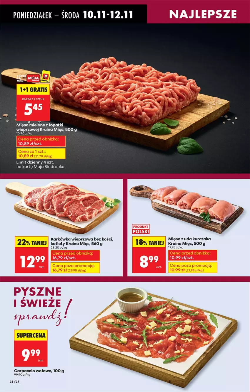 Gazetka promocyjna Biedronka - Od Poniedziałku - ważna 10.11 do 15.11.2025 - strona 26 - produkty: Carpaccio, Karkówka wieprzowa, Kotlet, Kurczak, Mięso, Mięso mielone, Mięso mielone z łopatki wieprzowej, Mięso z uda kurczaka
