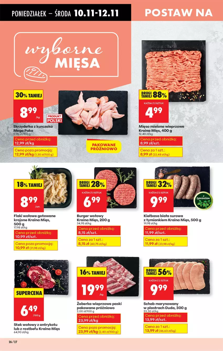 Gazetka promocyjna Biedronka - Od Poniedziałku - ważna 10.11 do 15.11.2025 - strona 28 - produkty: Burger, Duda, Flaki, Flaki wołowe, Kiełbasa, Kiełbasa biała, Kurczak, Mięso, Mięso mielone, Rostbef, Skrzydełka z kurczaka, Stek, Stek wołowy