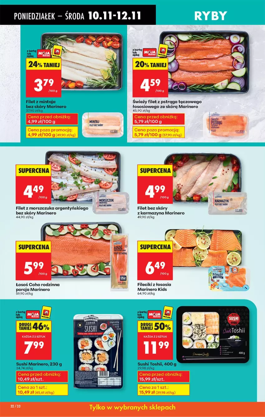 Gazetka promocyjna Biedronka - Od Poniedziałku - ważna 10.11 do 15.11.2025 - strona 32 - produkty: Fa, Filet z mintaja, Filet z morszczuka, Filet z pstrąga, Mintaj, Por, Pstrąg, Sos, Sushi