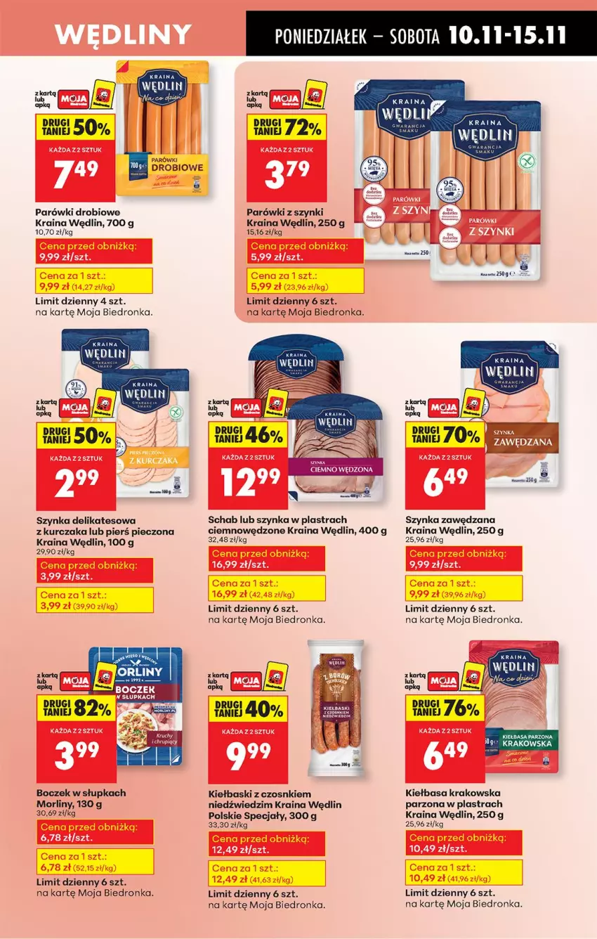 Gazetka promocyjna Biedronka - Od Poniedziałku - ważna 10.11 do 15.11.2025 - strona 35 - produkty: Boczek, Kiełbasa, Kiełbasa krakowska, Kurczak, Morliny, Parówki, Parówki z szynki, Piec, Szynka, Szynka delikatesowa