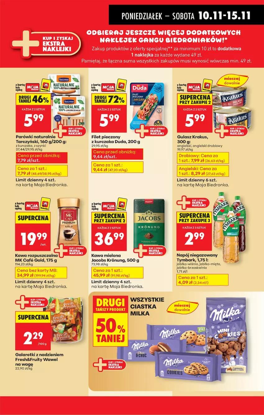 Gazetka promocyjna Biedronka - Od Poniedziałku - ważna 10.11 do 15.11.2025 - strona 41 - produkty: Ciastka, Duda, Gala, Galaretki, Jacobs, Kawa, Kawa mielona, Kawa rozpuszczalna, Krakus, Kurczak, Mięta, Napój, Napój niegazowany, Parówki, Piec, Tarczyński, Tymbark, Wawel
