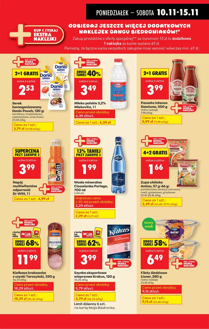 Gazetka promocyjna Biedronka - Od Poniedziałku - ważna 10.11 do 15.11.2025 - strona 43 - produkty: Cisowianka, Danio, Dawtona, Gra, Kiełbasa, Kiełbasa krakowska, Krakus, Lisner, Maska, Mleko, Mlekovita, Napój, Por, Rosół, Ser, Serek, Serek homogenizowany, Sport, Szynka, Woda, Woda mineralna, Zupa