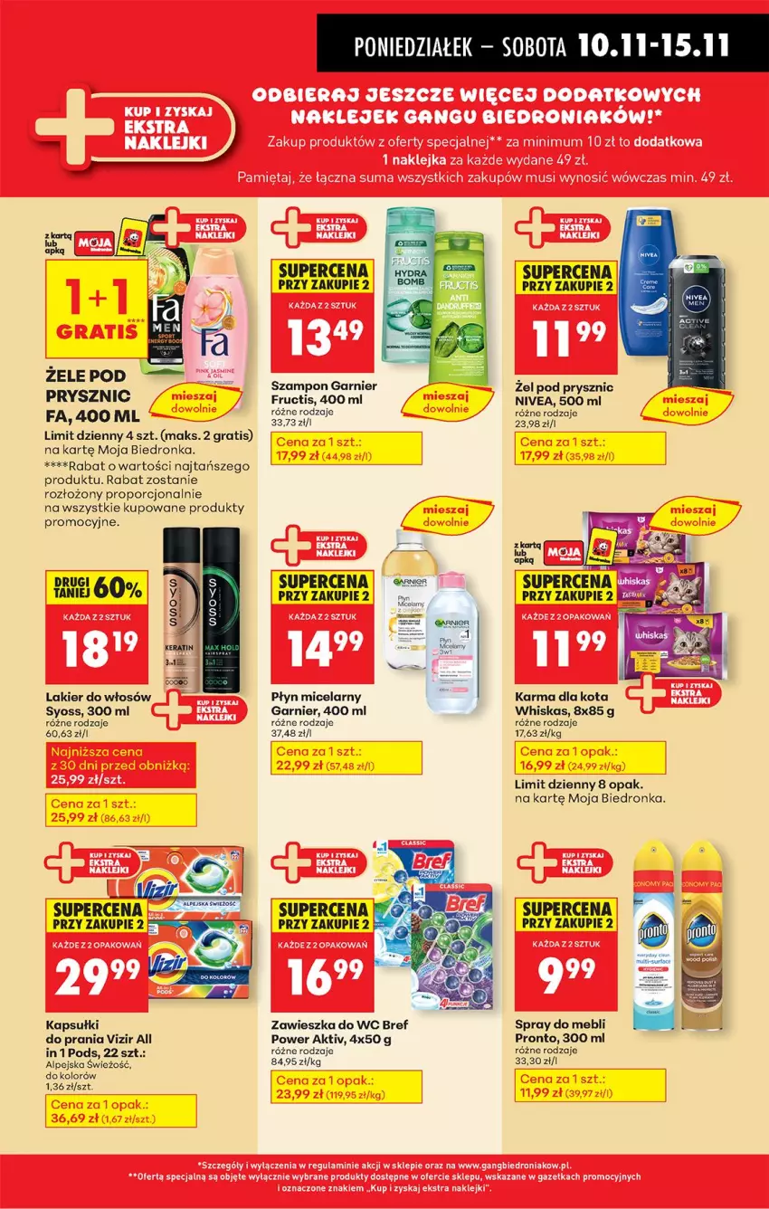 Gazetka promocyjna Biedronka - Od Poniedziałku - ważna 10.11 do 15.11.2025 - strona 45 - produkty: Bref, Fructis, Garnier, Gra, Lakier, Lakier do włosów, Nivea, Płyn micelarny, Por, Pronto, Syoss, Szampon, Vizir, Whiskas, Zawieszka do wc