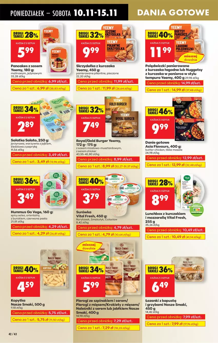 Gazetka promocyjna Biedronka - Od Poniedziałku - ważna 10.11 do 15.11.2025 - strona 52 - produkty: Buraki, Burger, Danie gotowe, Hummus, Kapustą, Kopytka, Krokiety, Kurczak, LG, Mus, Naleśniki, Pesto, Piec, Pierogi, Polędwiczki panierowane, Pur, Sałat, Sałatka, Salsa, Ser, Skrzydełka z kurczaka, Sos, Surówka, Szpinak
