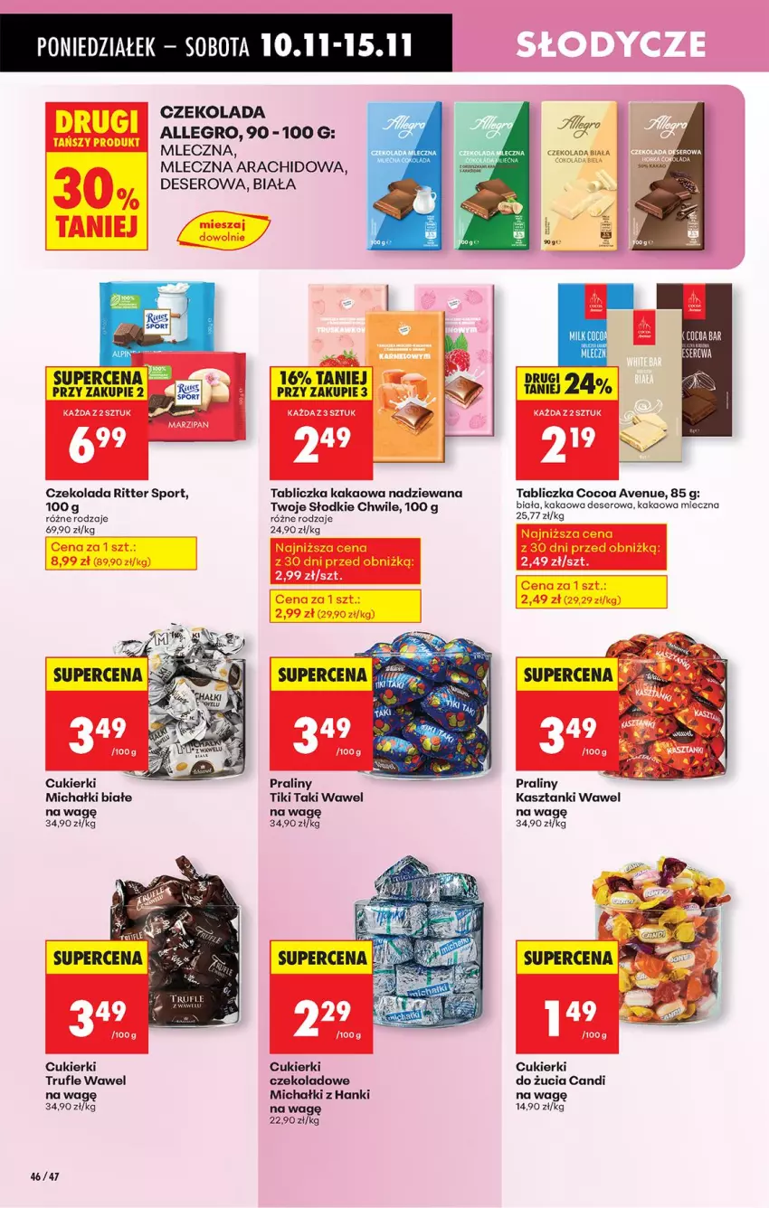Gazetka promocyjna Biedronka - Od Poniedziałku - ważna 10.11 do 15.11.2025 - strona 56 - produkty: Allegro, Cukier, Cukierki, Czekolada, Deser, Kakao, Michałki, Por, Praliny, Ritter Sport, Ser, Sport, Wawel