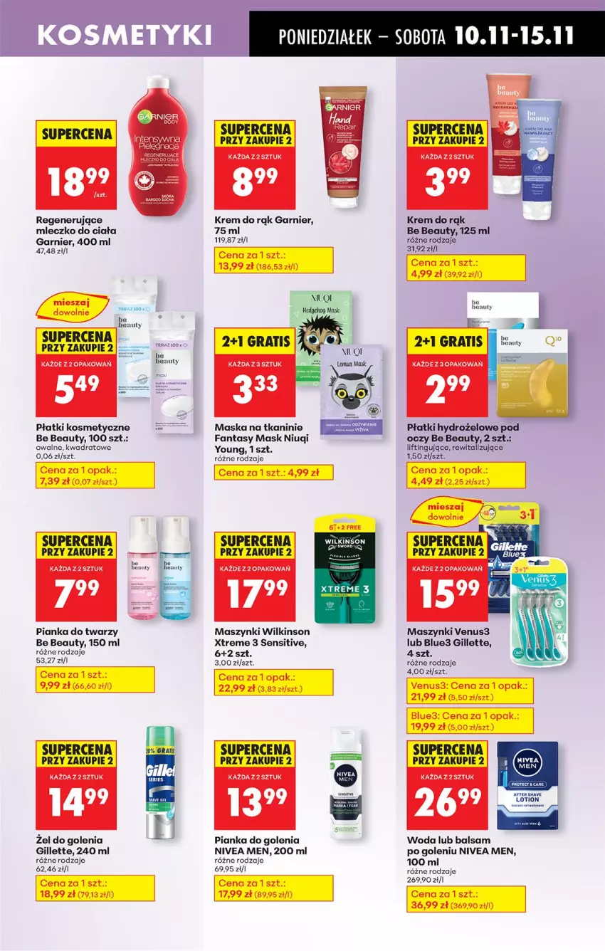Gazetka promocyjna Biedronka - Od Poniedziałku - ważna 10.11 do 15.11.2025 - strona 69 - produkty: Balsam po goleniu, Be Be, Fa, Fanta, Garnier, Gillette, Gra, Krem do rąk, Maska, Mleczko, Mleczko do ciała, Niuqi, Nivea, Nivea Men, Pianka do golenia, Płatki kosmetyczne, Tera, Venus, Woda