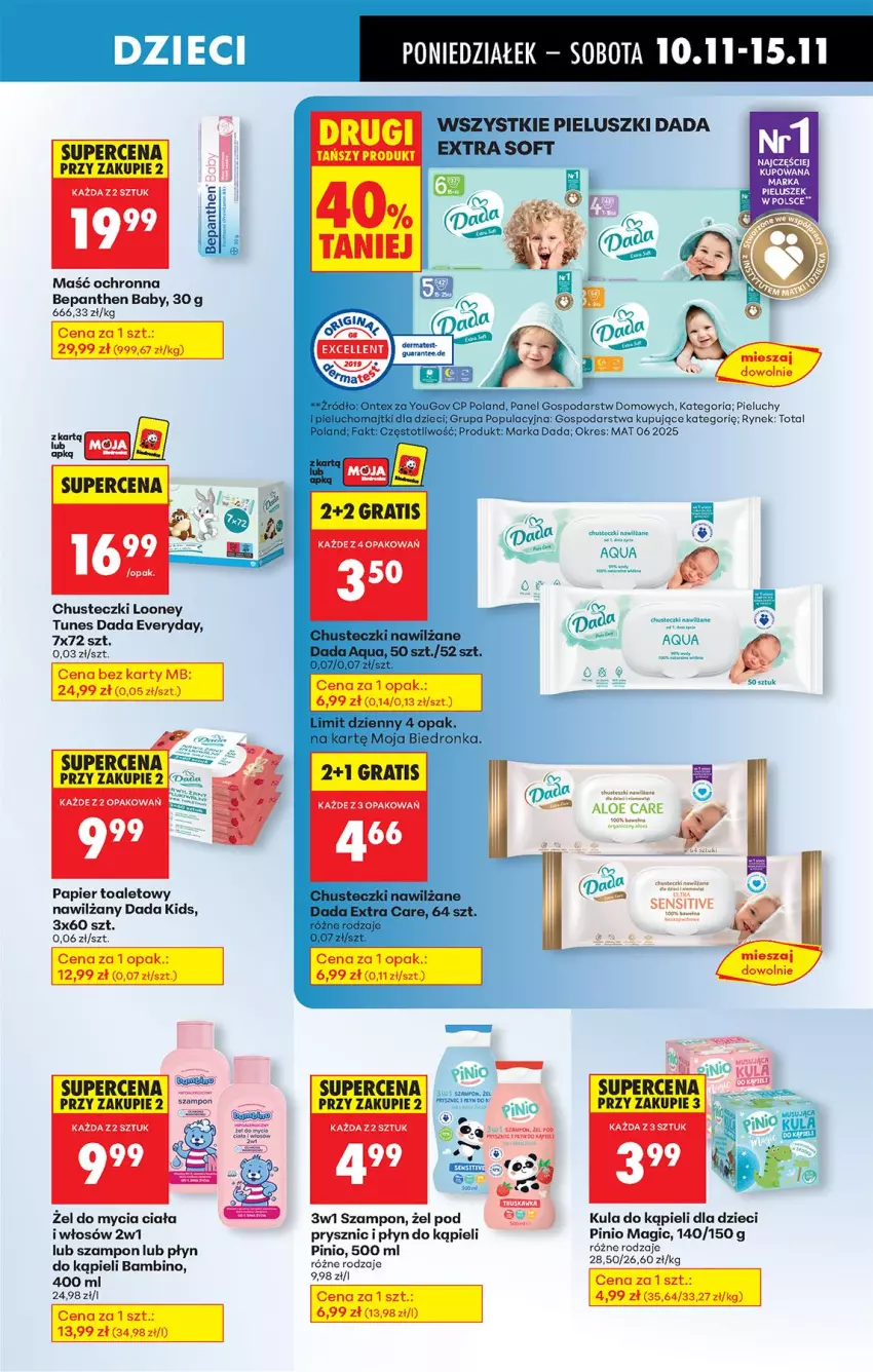 Gazetka promocyjna Biedronka - Od Poniedziałku - ważna 10.11 do 15.11.2025 - strona 73 - produkty: Bepanthen, Chusteczki, Dada, Dzieci, Kula do kąpieli, Papier, Papier toaletowy, Płyn do kąpieli, Por, Szampon