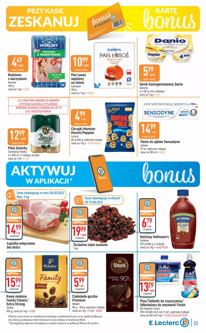 Gazetka promocyjna E Leclerc - ważna 08.08 do 19.08.2023 - strona 3 - produkty: Carlsberg, Chrupki, Czekolada, Czekolada gorzka, Danio, Danone, Fa, Finish, Gra, Kawa, Kawa mielona, Ketchup, Leon, Lorenz, Monster Munch, Morliny, Odświeżacz do zmywarki, Pasta do zębów, Piwo, Sensodyne, Ser, Serek, Serek homogenizowany, Suempol, Tablet, Tchibo, Warzywa, Wawel, Zmywarki