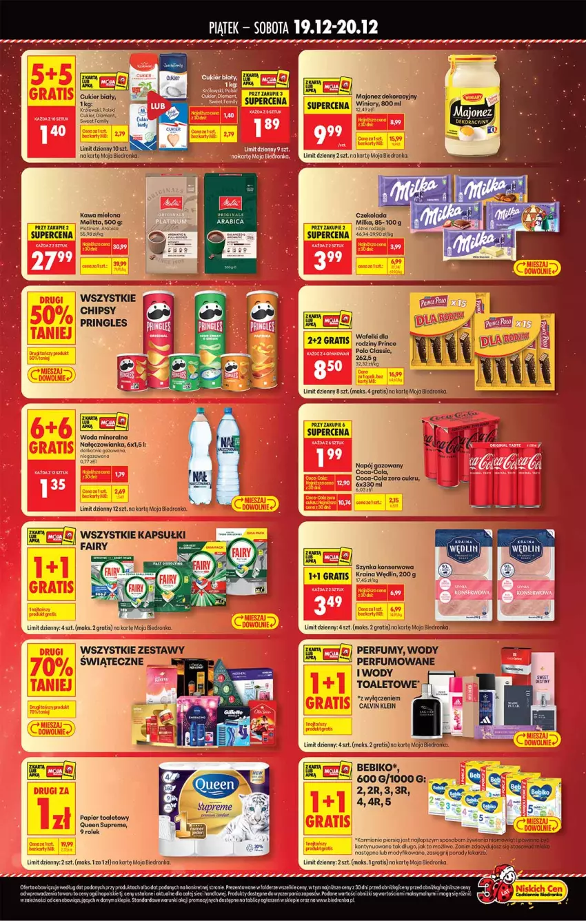 Gazetka promocyjna Biedronka - Tani Weekend - ważna 19.12 do 20.12.2025 - strona 2 - produkty: Bebiko, BIC, Calvin Klein, Chipsy, Coca-Cola, Cukier, Czekolada, Fa, Fairy, Gin, Gra, Kawa, Kawa mielona, Kret, Majonez, Milka, Nałęczowianka, Napój, Napój gazowany, Papier, Papier toaletowy, Perfum, Por, Pringles, Ser, Szynka, Szynka konserwowa, Winiary