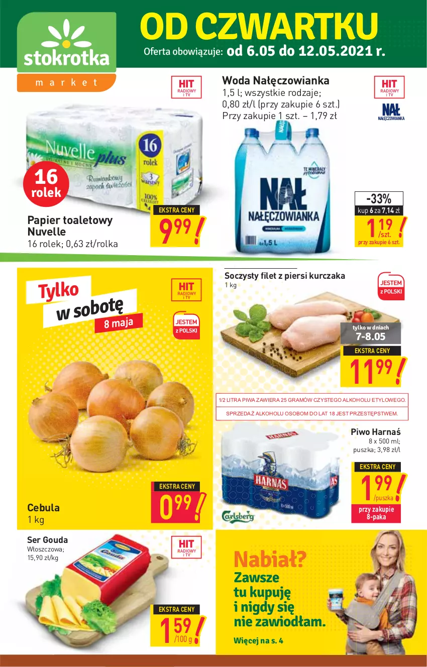 Gazetka promocyjna Stokrotka - Market - ważna 06.05 do 12.05.2021 - strona 1 - produkty: Cebula, Filet z piersi kurczaka, Gin, Gouda, Gra, Harnaś, Kurczak, Nałęczowianka, Papier, Papier toaletowy, Piwa, Piwo, Ser, Woda