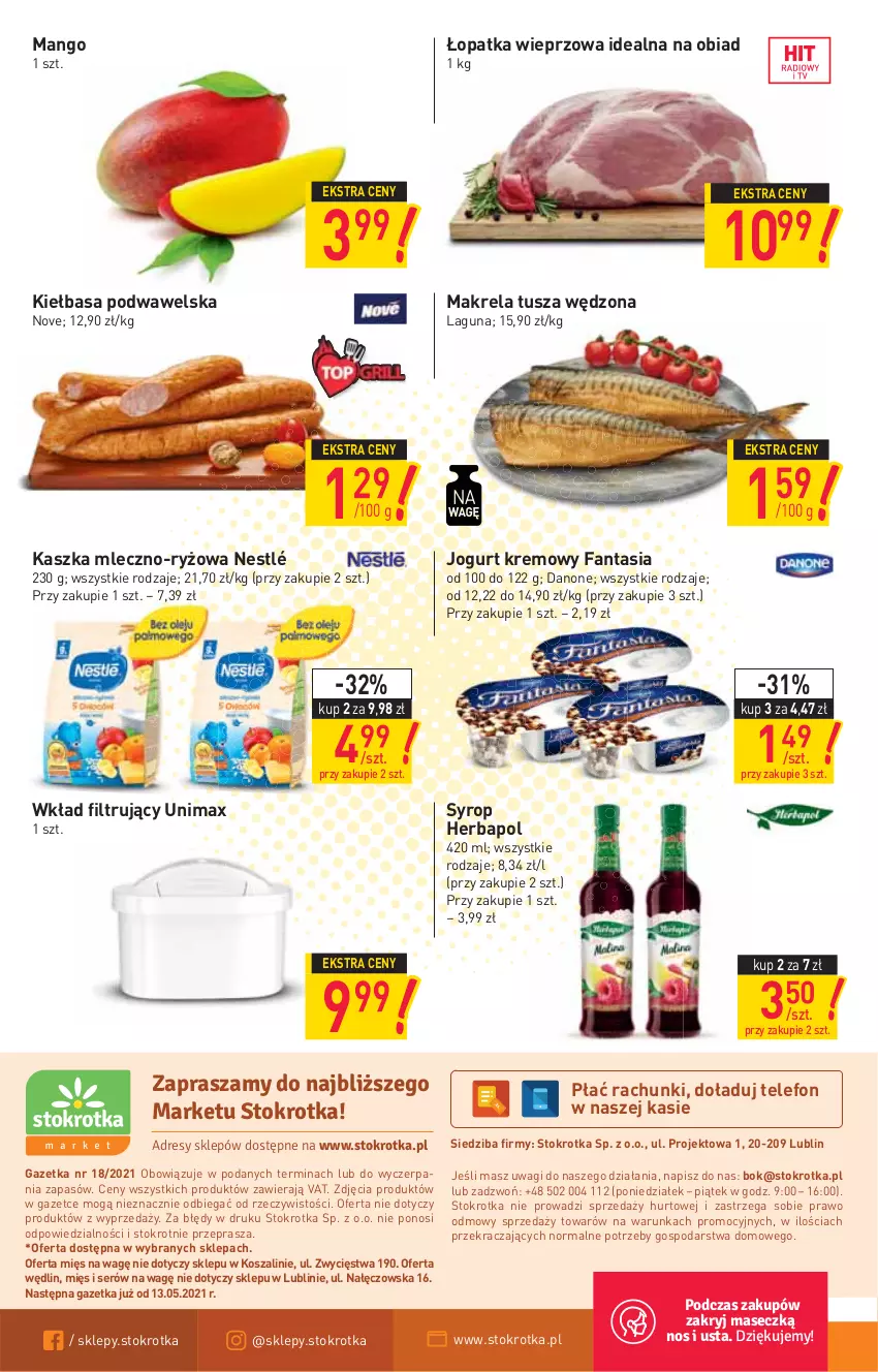 Gazetka promocyjna Stokrotka - Market - ważna 06.05 do 12.05.2021 - strona 12 - produkty: Danone, Fa, Fanta, Herbapol, Jogurt, Kiełbasa, Kiełbasa podwawelska, Kosz, Mango, Nestlé, O nas, Ryż, Ser, Syrop, Szal, Telefon, Tusz, Wagi, Wawel, Wkład filtrujący