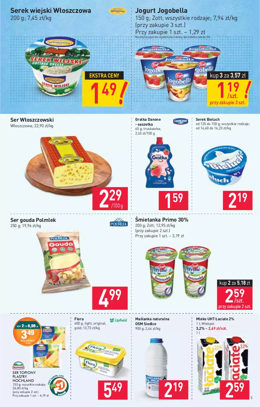 Gazetka promocyjna Stokrotka - Market - ważna 06.05 do 12.05.2021 - strona 5 - produkty: Bell, Bella, Bieluch, Danone, Flora, Gin, Gouda, Gra, Hochland, Jogobella, Jogurt, Maślanka, Mleko, POLMLEK, Ser, Ser topiony, Serek, Serek wiejski, Top, Włoszczowski, Zott