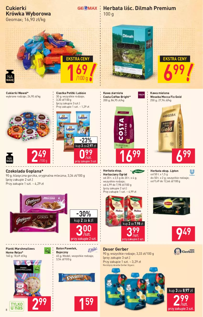 Gazetka promocyjna Stokrotka - Market - ważna 06.05 do 12.05.2021 - strona 8 - produkty: Baton, Ciastka, Cukier, Cukierki, Czekolada, Deser, Dilmah, Gerber, Gin, Goplana, Herbata, Kawa, Kawa mielona, Kawa ziarnista, LANA, Lipton, Lubisie, Mars, Marshmallows, Mocca Fix Gold, Ogród, Ser, Wawel, Woseba, Wyborowa