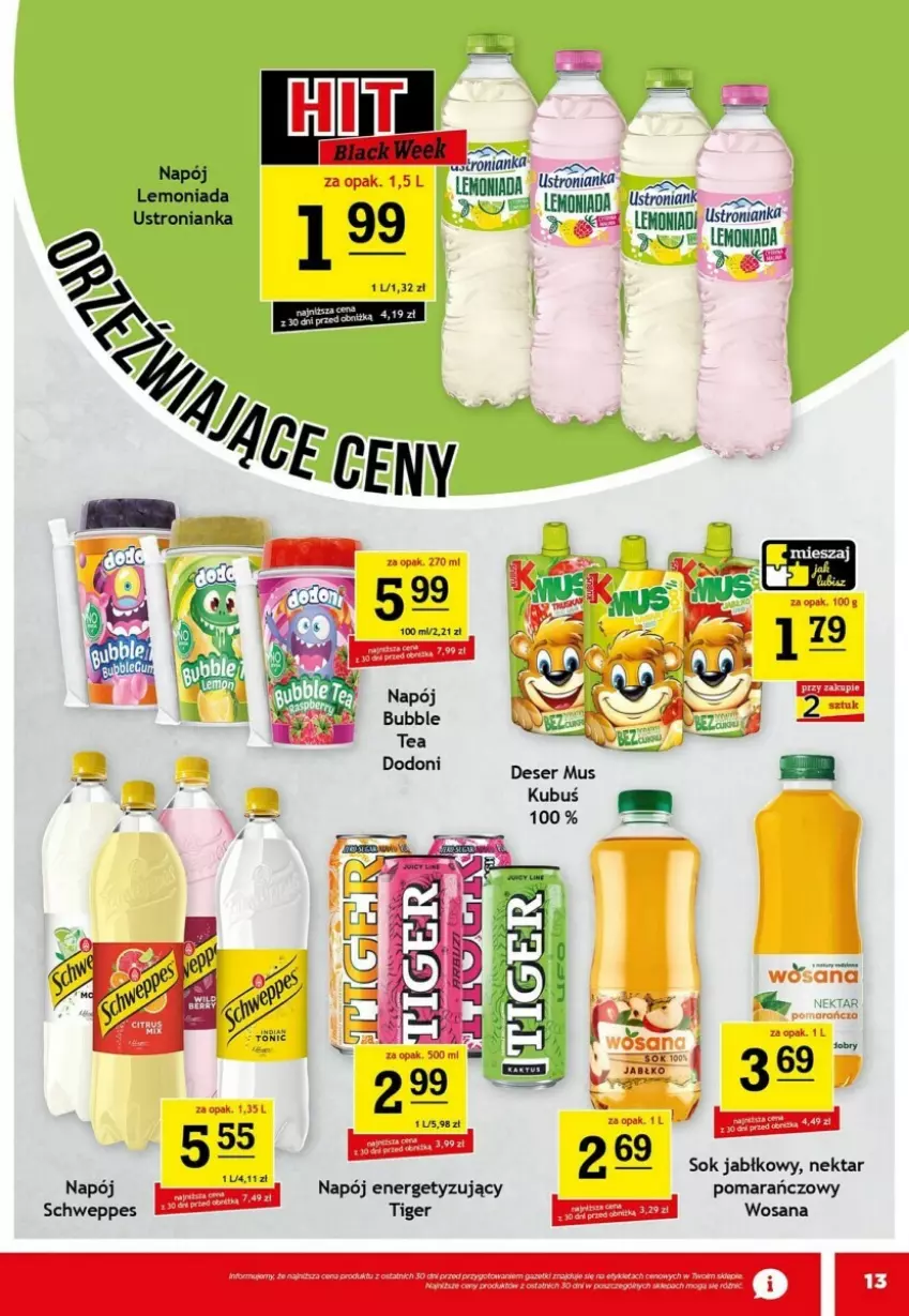 Gazetka promocyjna Gram market - ważna 27.11 do 03.12.2024 - strona 5 - produkty: Deser, Kubuś, Lemoniada, Mus, Napój, Nektar, Schweppes, Ser, Sok, Sok jabłkowy, Tiger, Wosana