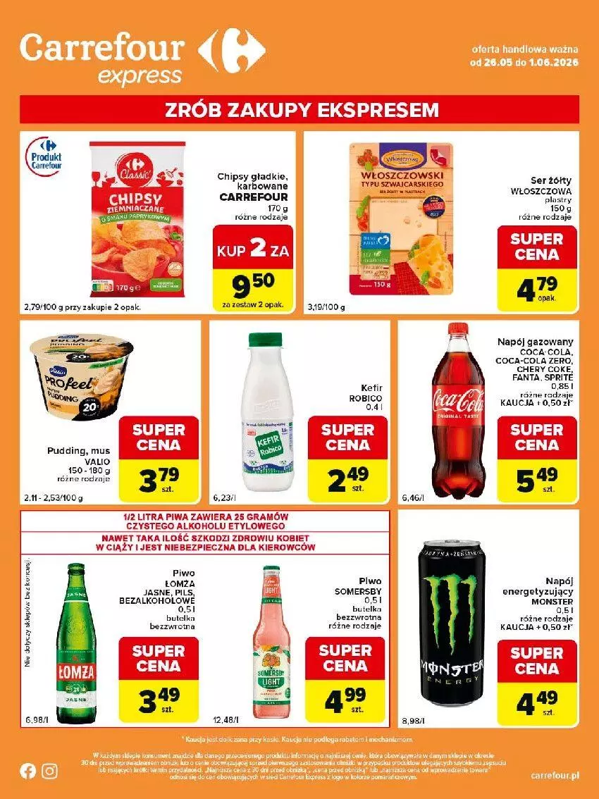 Gazetka promocyjna Carrefour - Gazetka Express - ważna 26.05 do 01.06.2026 - strona 2 - produkty: BIC, Cars, Fa, Fanta, Gra, Kefir, Mus, Napój, Napój gazowany, Piec, Piwa, Piwo, Pudding, Robico, Ser, Sprite, Włoszczowski
