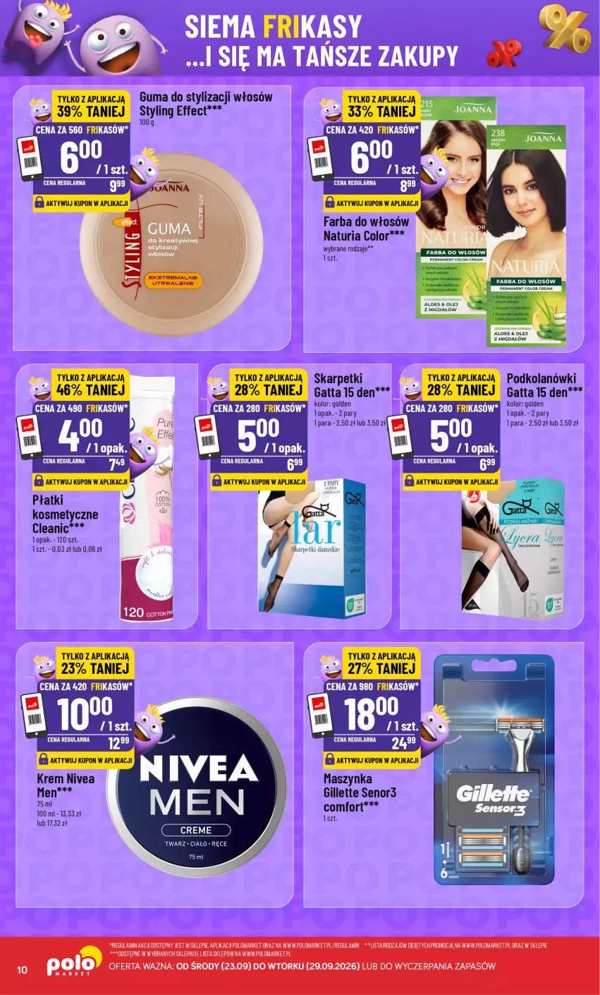 Gazetka promocyjna PoloMarket - Katalog Frikasy - ważna 23.09 do 29.09.2026 - strona 10 - produkty: Cleanic, Fa, Farba do włosów, Gatta, Gillette, Joanna, Karp, Maszynka, Nivea, Olej, Skarpetki, Sos, Szynka