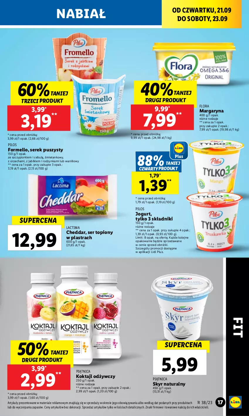 Gazetka promocyjna Lidl - GAZETKA - ważna 21.09 do 23.09.2023 - strona 27 - produkty: Cheddar, Flora, Jogurt, Margaryna, Olej, Piątnica, Pilos, Ser, Ser topiony, Serek, Serek puszysty, Top