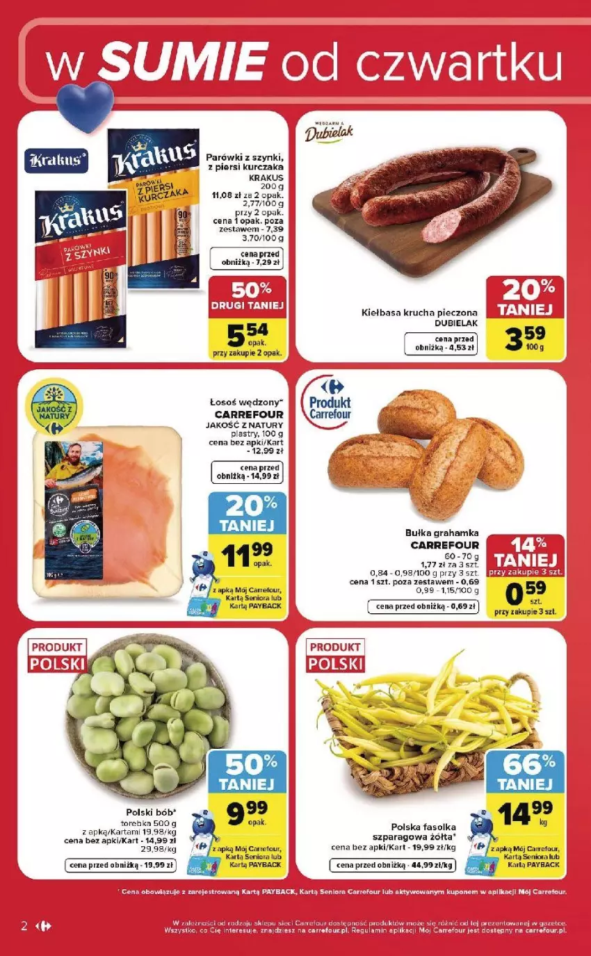 Gazetka promocyjna Carrefour - Gazetka Carrefour, Market w SUMIE od czwartku WEEKEND OKAZJI - ważna 18.06 do 20.06.2026 - strona 2 - produkty: Bułka, Bułka grahamka, Fa, Gra, Jaja, Kiełbasa, Kiełbasa krucha, Krakus, Kurczak, Parówki, Piec, Por, Ryba, Ser, Torebka