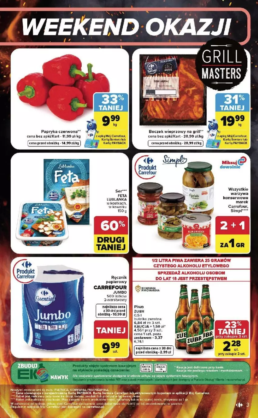 Gazetka promocyjna Carrefour - Gazetka Carrefour, Market w SUMIE od czwartku WEEKEND OKAZJI - ważna 18.06 do 20.06.2026 - strona 3 - produkty: Boczek, Boczek wieprzowy, Fa, Feta, Grill, Kawa, Papier, Papryka, Papryka czerwona, Piwo, Razer, Ręcznik, Ser, Warzywa, Warzywa konserwowe