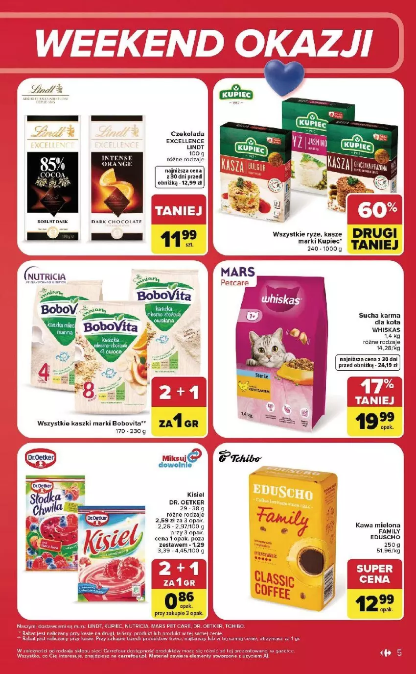 Gazetka promocyjna Carrefour - Gazetka Carrefour, Market w SUMIE od czwartku WEEKEND OKAZJI - ważna 18.06 do 20.06.2026 - strona 5 - produkty: BoboVita, Czekolada, Dr. Oetker, Fa, Gin, Kawa, Kawa mielona, Kisiel, Kupiec, Lindt, Mars, Piec, Ryż, Ser, Sucha karma, Whiskas