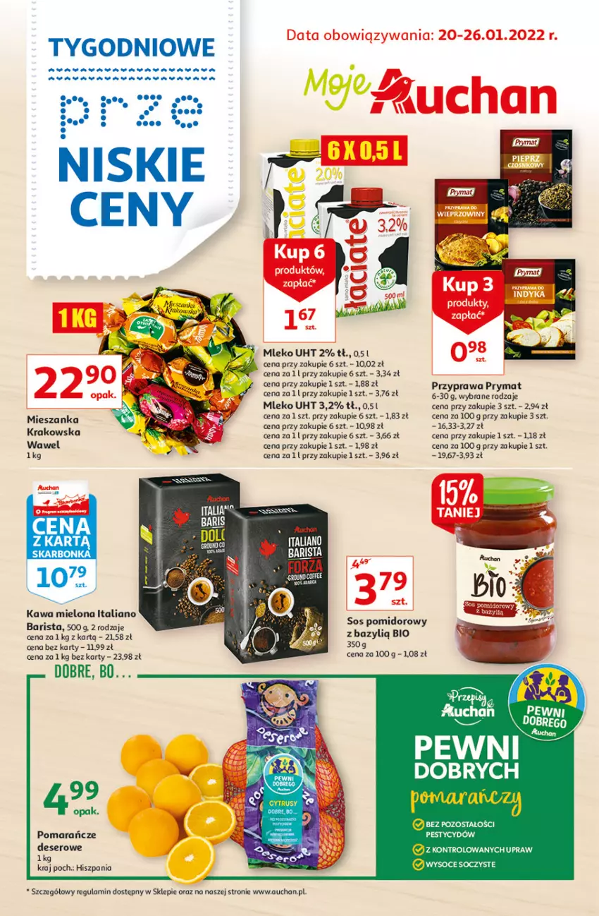 Gazetka promocyjna Auchan - Tygodniowe przeNISKIE CENY Moje Auchan - ważna 20.01 do 26.01.2022 - strona 1 - produkty: Bazyl, Deser, Kawa, Kawa mielona, Mleko, Pomarańcze, Prymat, Ser, Sos, Sos pomidorowy, Wawel