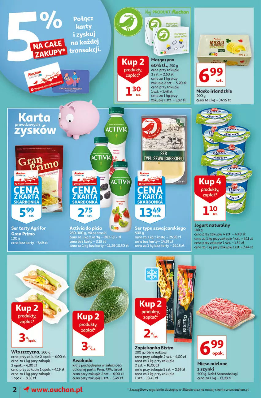 Gazetka promocyjna Auchan - Tygodniowe przeNISKIE CENY Moje Auchan - ważna 20.01 do 26.01.2022 - strona 2 - produkty: Jogurt, Jogurt naturalny, Margaryna, Masło, Mięso, Mięso mielone, Mięso mielone z szynki, Zapiekanka