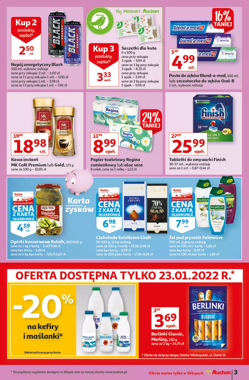 Gazetka promocyjna Auchan - Tygodniowe przeNISKIE CENY Moje Auchan - ważna 20.01 do 26.01.2022 - strona 3 - produkty: Aloe vera, Berlinki, Blend-a-Med, Czekolada, Finish, Gin, Kawa, Lack, Lanki, Lindt, Morliny, Napój, Napój energetyczny, Ogórki konserwowe, Palmolive, Papier, Papier toaletowy, Rolnik, Rum, Ser, Szczoteczka, Szczoteczka do zębów, Tablet, Tabletki do zmywarki, Zmywarki