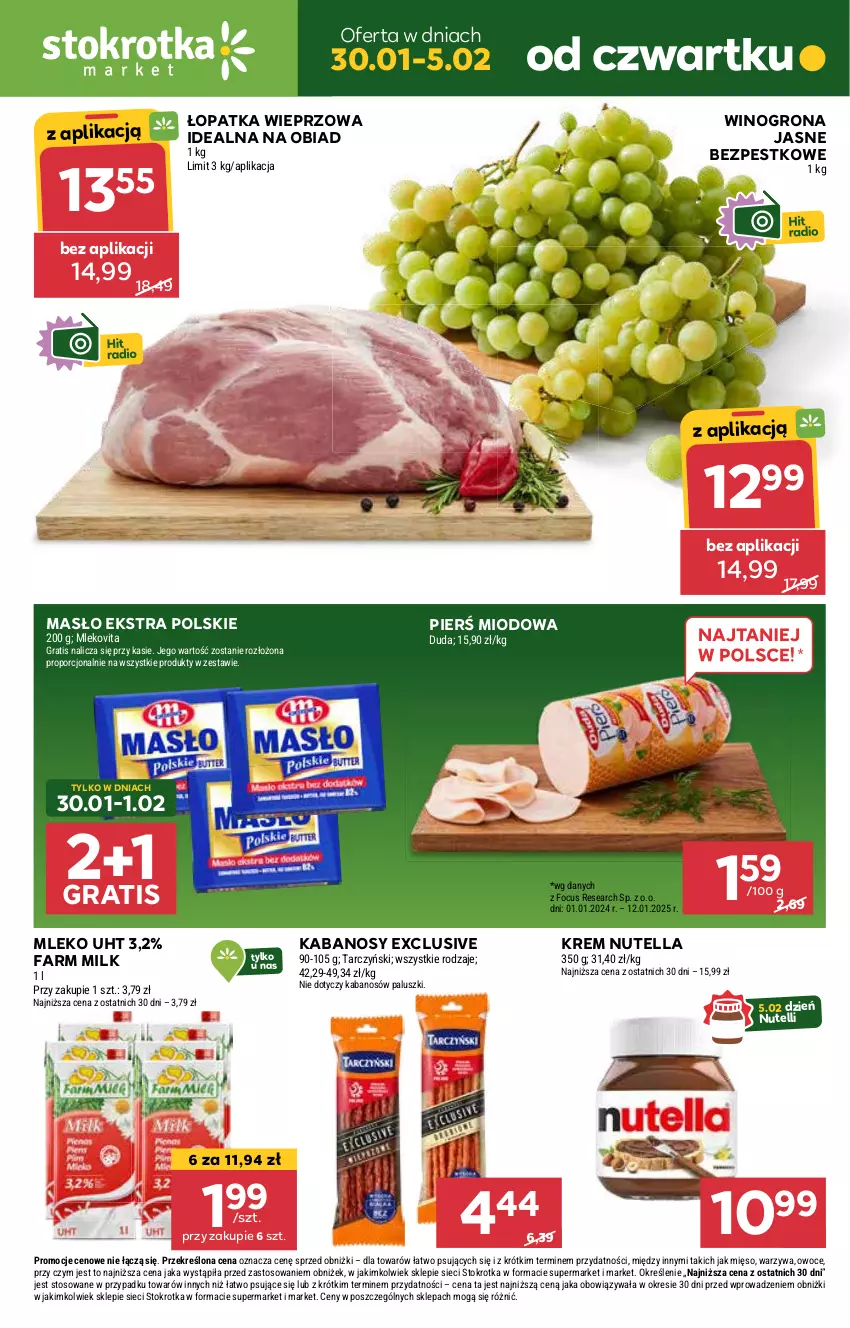 Gazetka promocyjna Stokrotka - Market - ważna 30.01 do 05.02.2025 - strona 1 - produkty: Fa, Farm Milk, Gra, Kabanos, Masło, Mięso, Mleko, Nutella, Owoce, Por, Tarczyński, Warzywa, Wino, Winogrona