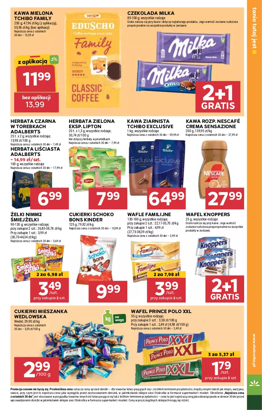 Gazetka promocyjna Stokrotka - Market - ważna 30.01 do 05.02.2025 - strona 13 - produkty: Cukier, Cukierki, Czekolada, Fa, Gra, Herbata, Herbata czarna, Kawa, Kawa mielona, Kawa ziarnista, Kinder, Knoppers, Lipton, Mięso, Mieszanka wedlowska, Milka, Nescafé, Nimm2, Owoce, Por, Prince Polo, Tchibo, Tchibo Family, Torebka, Wafle, Warzywa