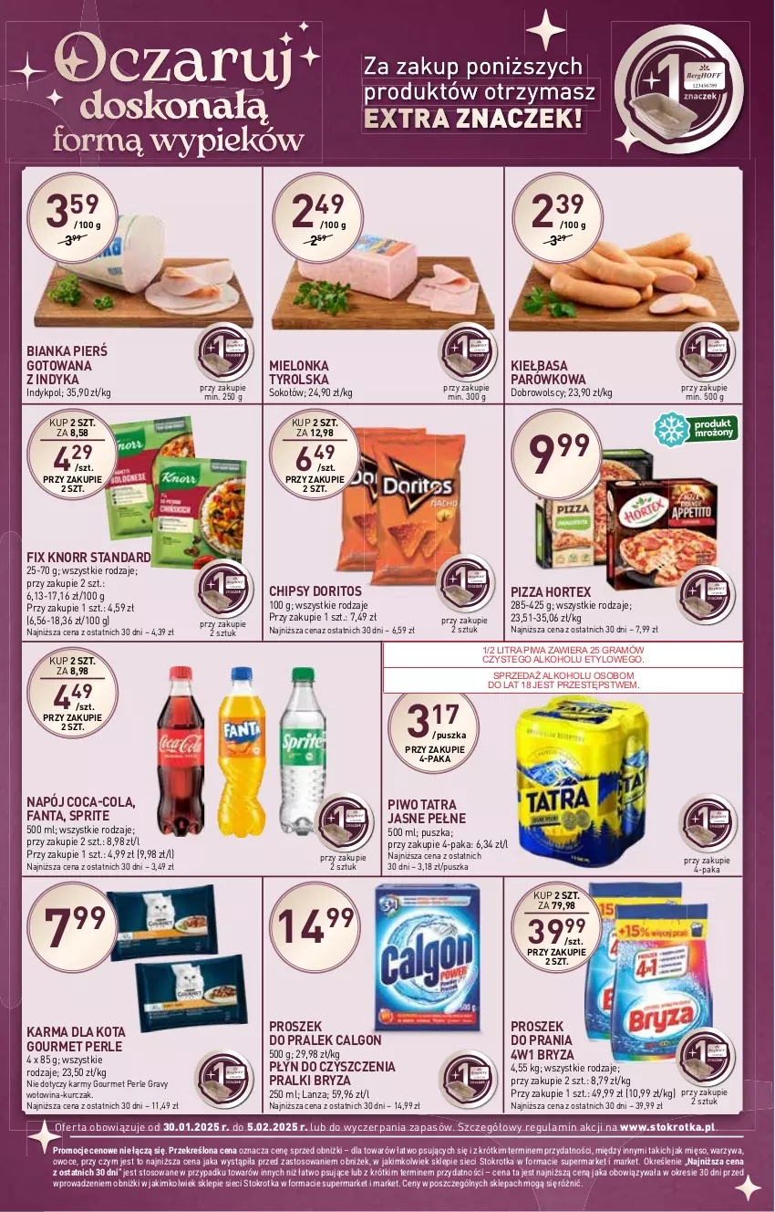 Gazetka promocyjna Stokrotka - Market - ważna 30.01 do 05.02.2025 - strona 18 - produkty: Bianka, Bryza, Calgon, Chipsy, Coca-Cola, Fa, Fanta, Gra, Hortex, Kiełbasa, Knorr, Kurczak, LG, Mielonka tyrolska, Mięso, Napój, Owoce, Piwa, Piwo, Pizza, Pralki, Proszek do prania, Sok, Sokołów, Sprite, Tatra, Warzywa, Wołowina