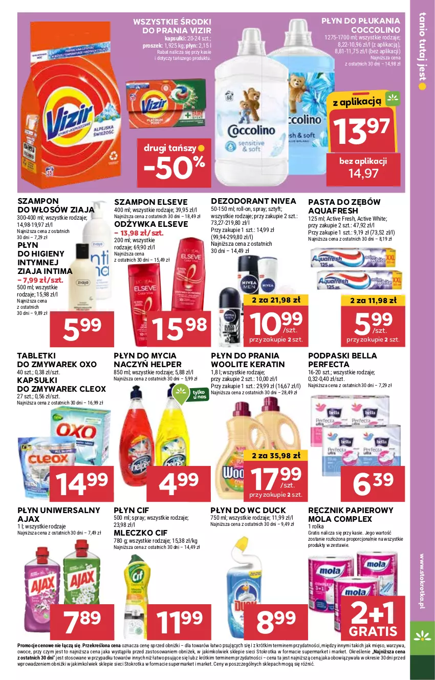 Gazetka promocyjna Stokrotka - Market - ważna 30.01 do 05.02.2025 - strona 19 - produkty: Ajax, Aquafresh, Bell, Bella, Cif, Coccolino, Dezodorant, Do mycia naczyń, Duck, Elseve, Gra, Mięso, Mleczko, Mola, Nivea, Odżywka, Owoce, Papier, Pasta do zębów, Perfecta, Płyn do higieny intymnej, Płyn do mycia, Płyn do mycia naczyń, Płyn do płukania, Płyn do prania, Płyn do wc, Podpaski, Por, Ręcznik, Szampon, Tablet, Vizir, Warzywa, Woolite, Ziaja