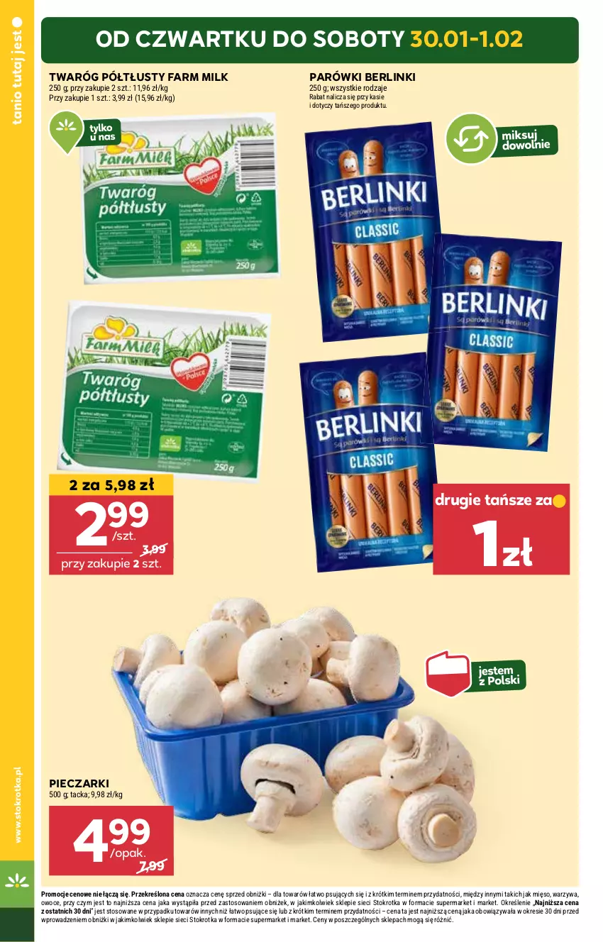 Gazetka promocyjna Stokrotka - Market - ważna 30.01 do 05.02.2025 - strona 2 - produkty: Berlinki, Fa, Farm Milk, Mięso, Owoce, Parówki, Piec, Twaróg, Twaróg półtłusty, Warzywa