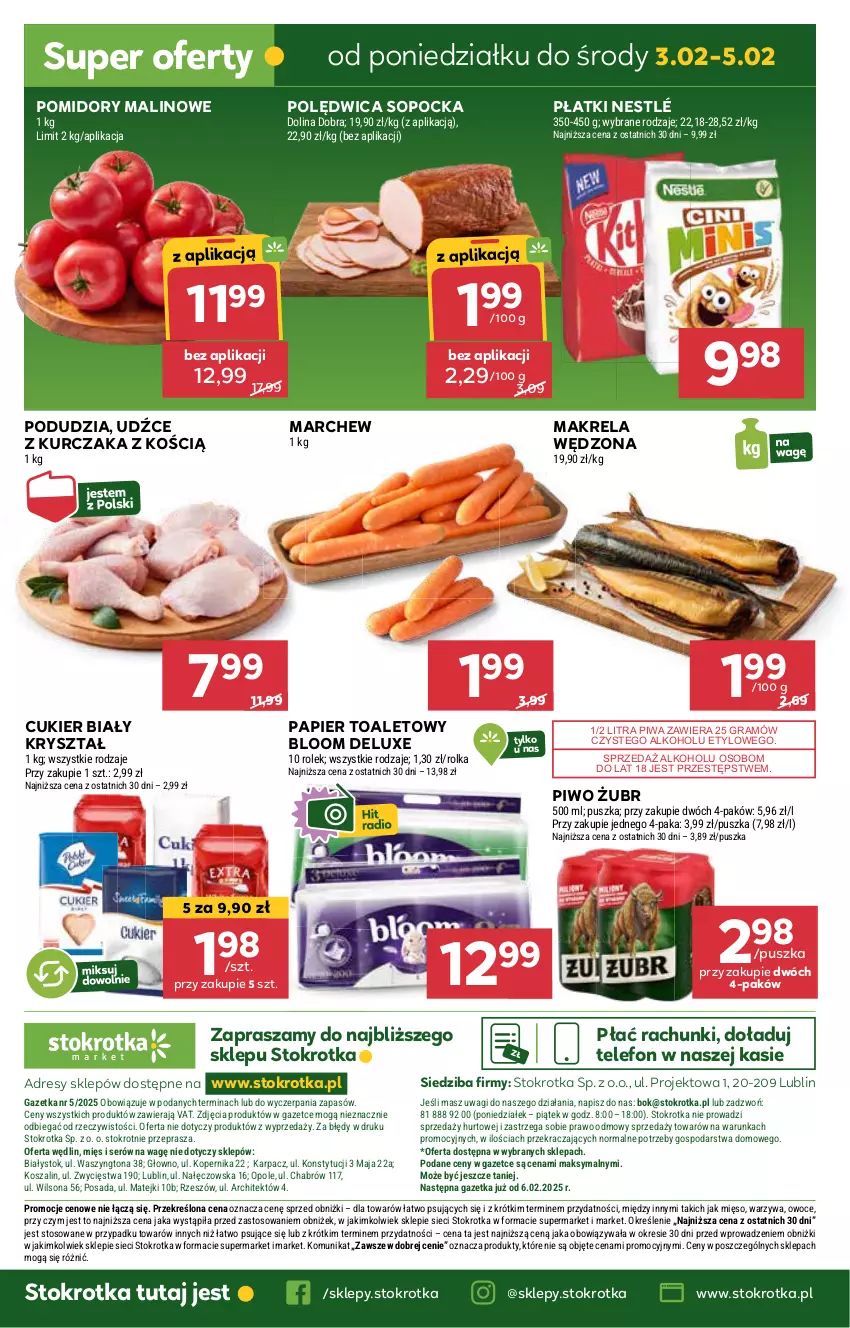 Gazetka promocyjna Stokrotka - Market - ważna 30.01 do 05.02.2025 - strona 20 - produkty: Cukier, Dres, Gra, JBL, Karp, Kosz, Kurczak, Mięso, Nestlé, O nas, Owoce, Papier, Papier toaletowy, Piwa, Piwo, Polędwica, Pomidory, Ser, Szal, Telefon, Wagi, Warzywa, Wilson