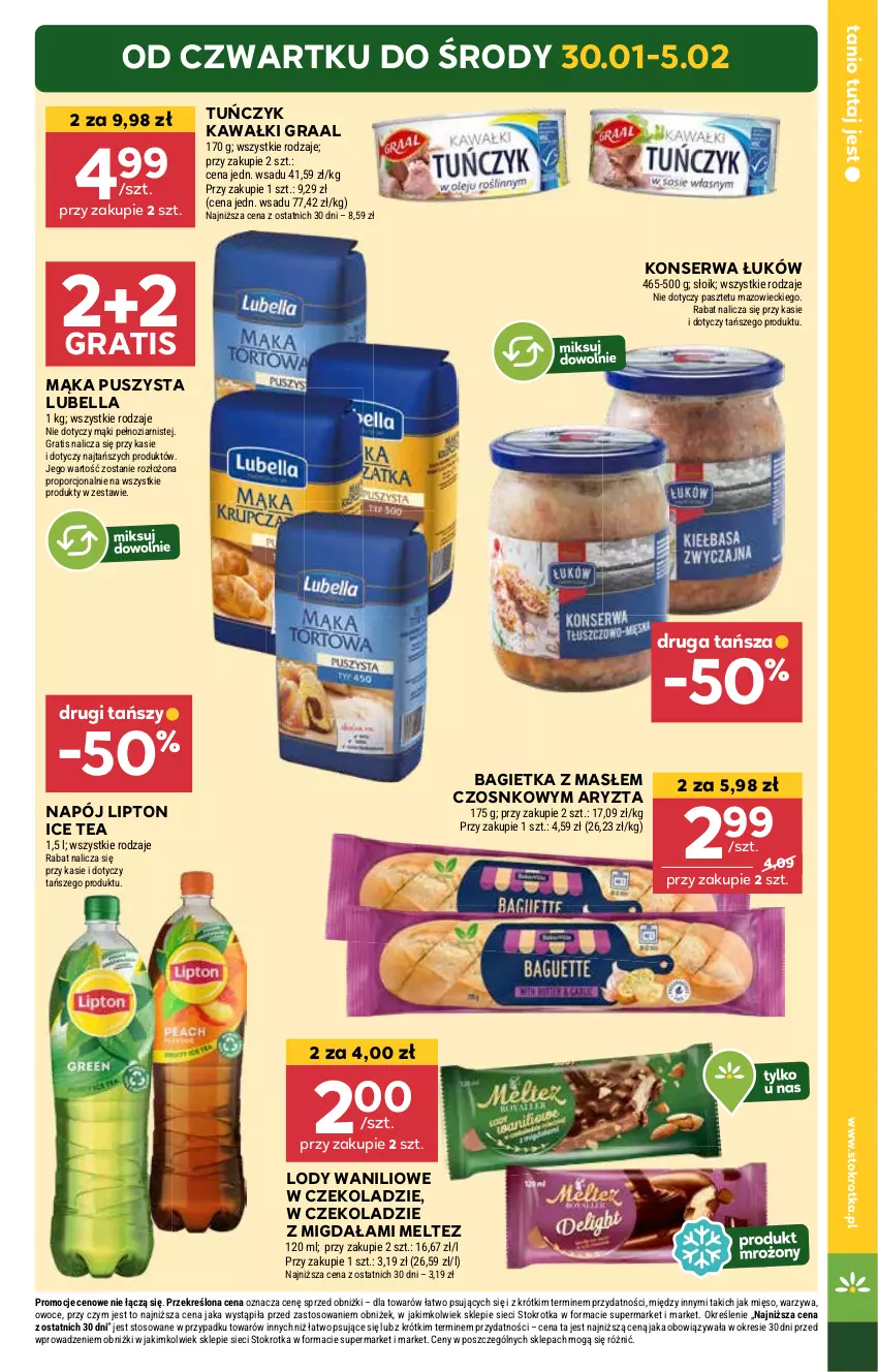 Gazetka promocyjna Stokrotka - Market - ważna 30.01 do 05.02.2025 - strona 3 - produkty: Bagietka, Bell, Bella, Gra, Graal, Ice tea, Kawa, Lipton, Lody, Lubella, Mąka, Mięso, Napój, Owoce, Pasztet, Por, Ser, Tuńczyk, Warzywa