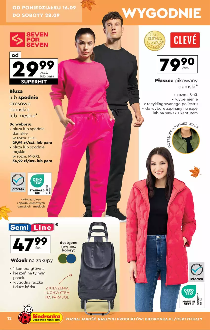 Gazetka promocyjna Biedronka - ważna 16.09 do 28.09.2024 - strona 12 - produkty: Bluza, Dres, Płaszcz, Spodnie