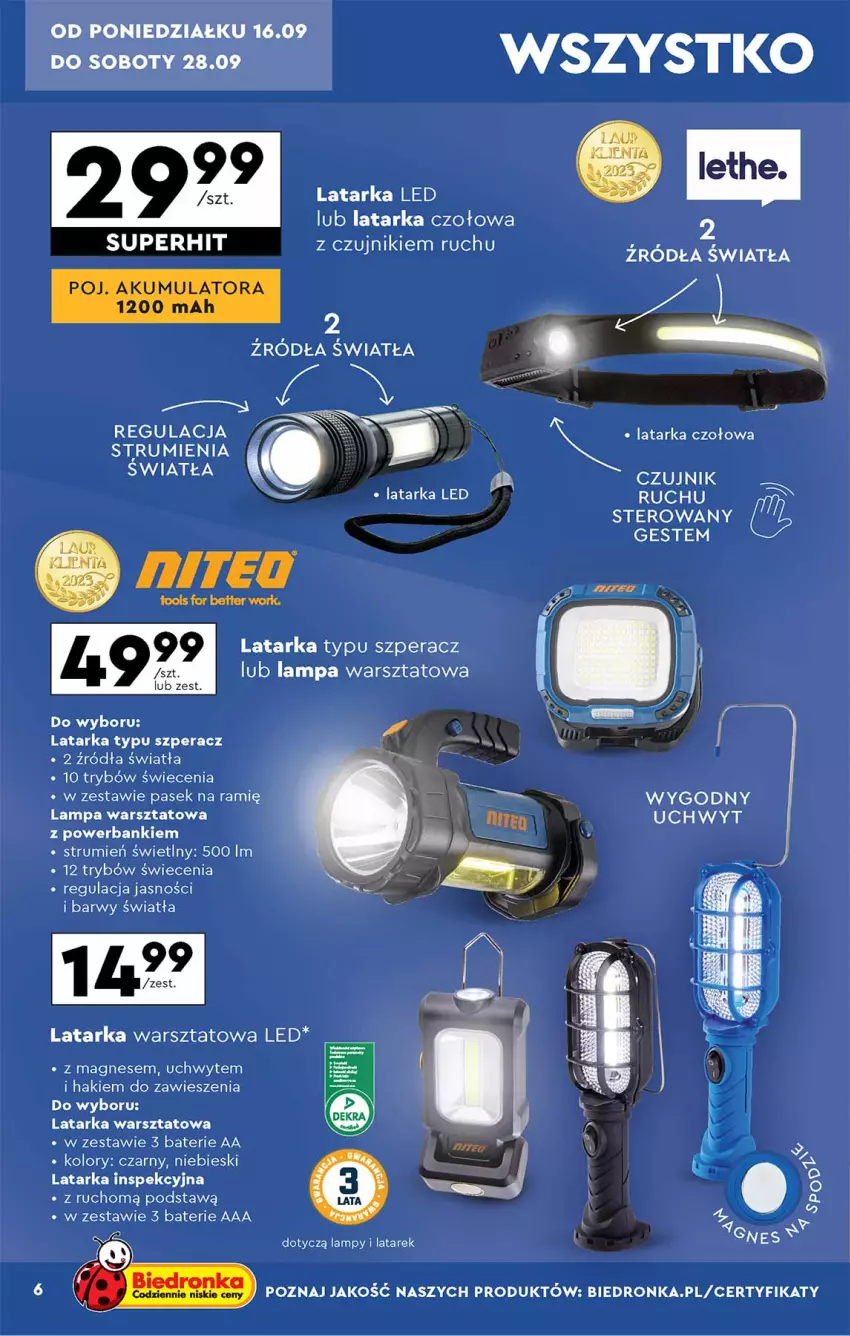 Gazetka promocyjna Biedronka - ważna 16.09 do 28.09.2024 - strona 6 - produkty: Lampa, Latarka, Latarka czołowa, Latarka LED, Pasek, Rum, Tarka