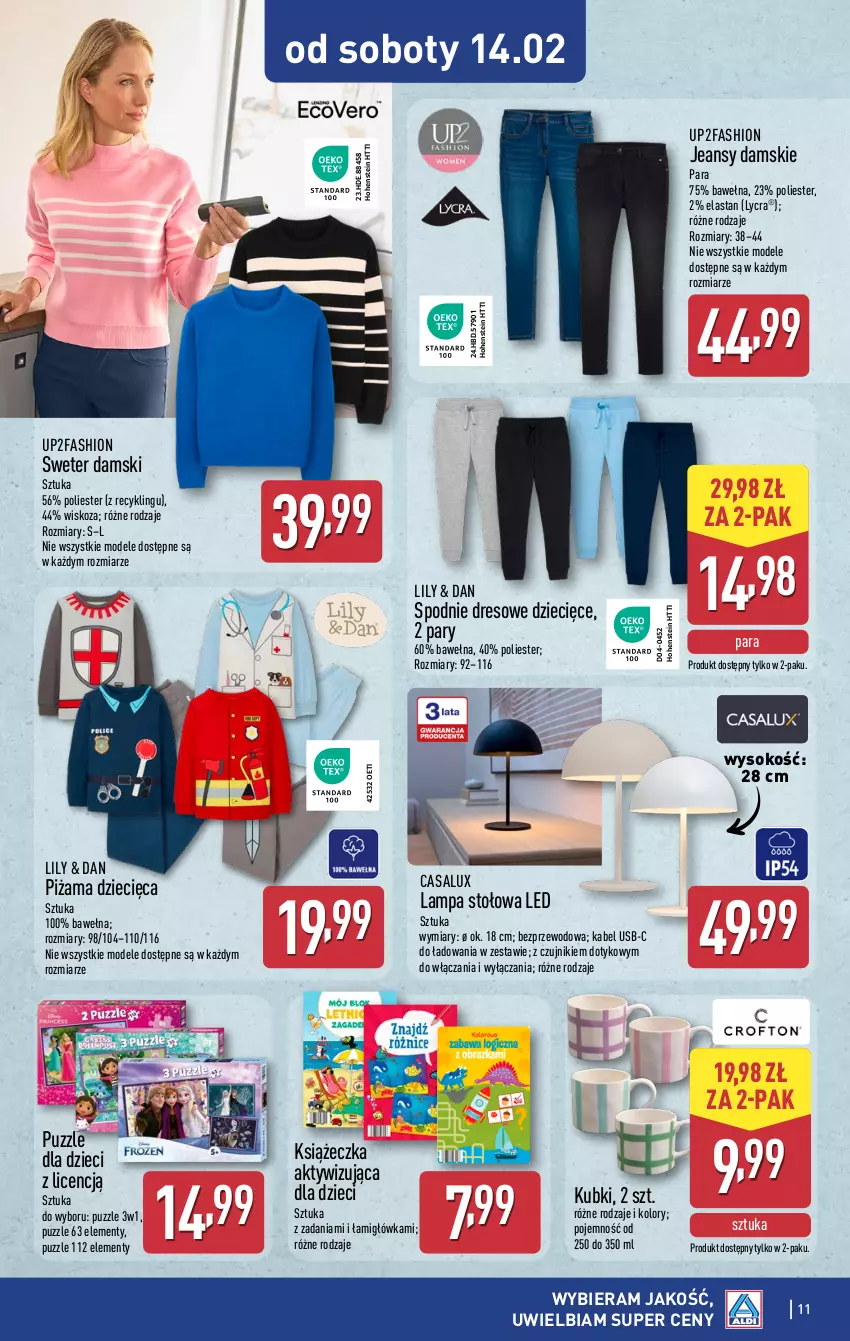 Gazetka promocyjna Aldi - Artykuły przemysłowe i tekstylia - ważna 11.02 do 14.02.2026 - strona 11 - produkty: Dres, Dzieci, Fa, Kabel USB, Lampa, Lampa stołowa, Piżama, Puzzle, Sok, Spodnie, Spodnie dresowe, Sweter, Wełna