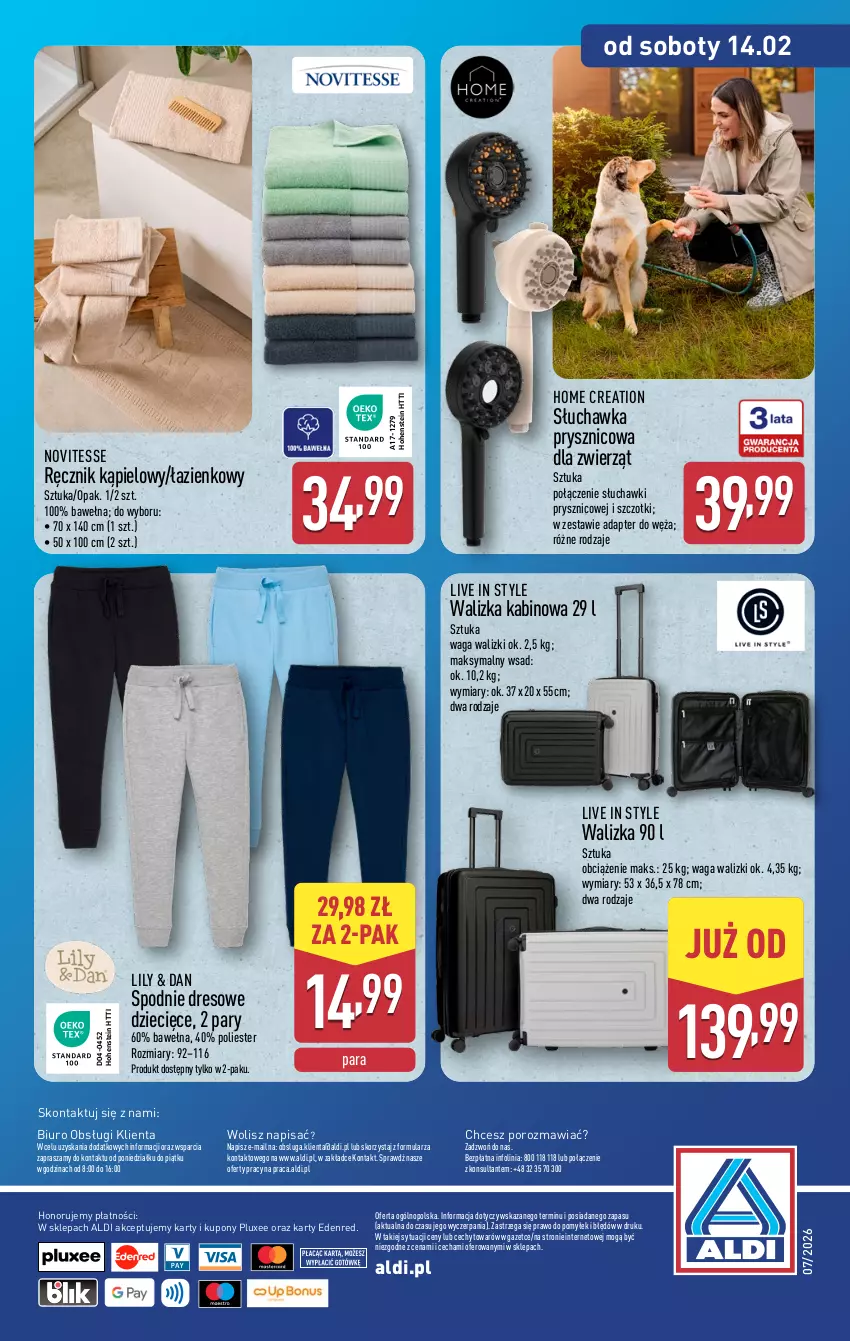 Gazetka promocyjna Aldi - Artykuły przemysłowe i tekstylia - ważna 11.02 do 14.02.2026 - strona 13 - produkty: Biuro, Dres, Dzieci, O nas, Por, Ręcznik, Ręcznik kąpielowy, Słuchawka prysznicowa, Słuchawki, Spodnie, Spodnie dresowe, Waga, Walizka, Wełna