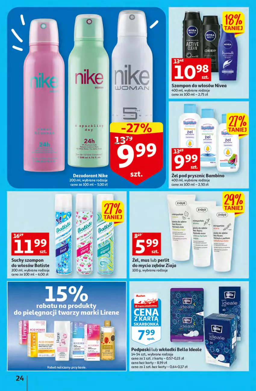 Gazetka promocyjna Auchan - Gazetka Koszyk Oszczędności Auchan Hipermarkety - ważna 19.10 do 29.10.2022 - strona 24 - produkty: Batiste, Bell, Bella, Mus, Nivea, Podpaski, Suchy szampon, Szampon, Wkładki, Ziaja