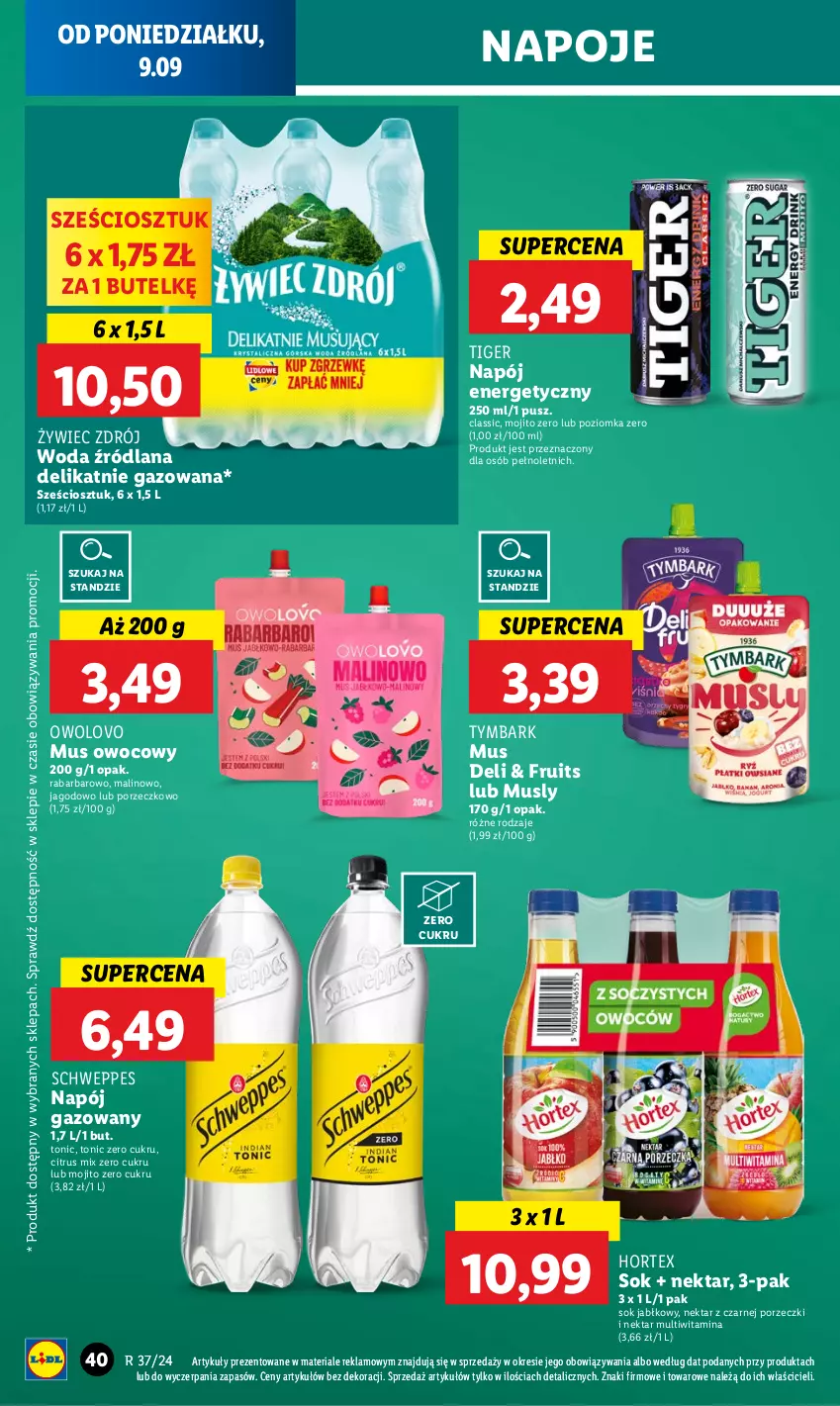 Gazetka promocyjna Lidl - GAZETKA - ważna 09.09 do 11.09.2024 - strona 42 - produkty: Hortex, LANA, Mus, Napój, Napój energetyczny, Napój gazowany, Napoje, Nektar, Por, Schweppes, Sok, Sok jabłkowy, Tiger, Tymbark, Woda