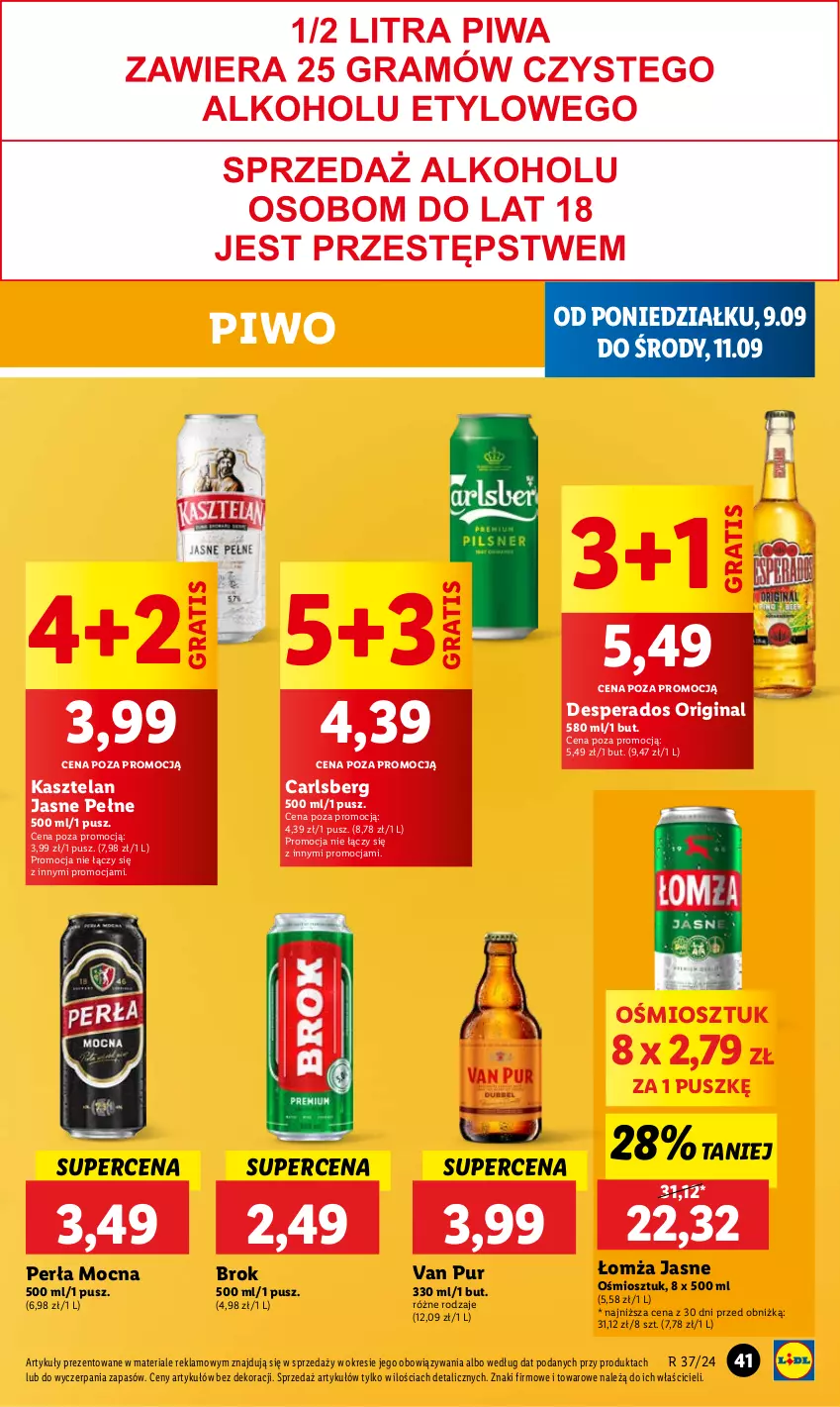 Gazetka promocyjna Lidl - GAZETKA - ważna 09.09 do 11.09.2024 - strona 45 - produkty: Carlsberg, Desperados, Gin, Gra, Kasztelan, Perła, Piwo, Pur