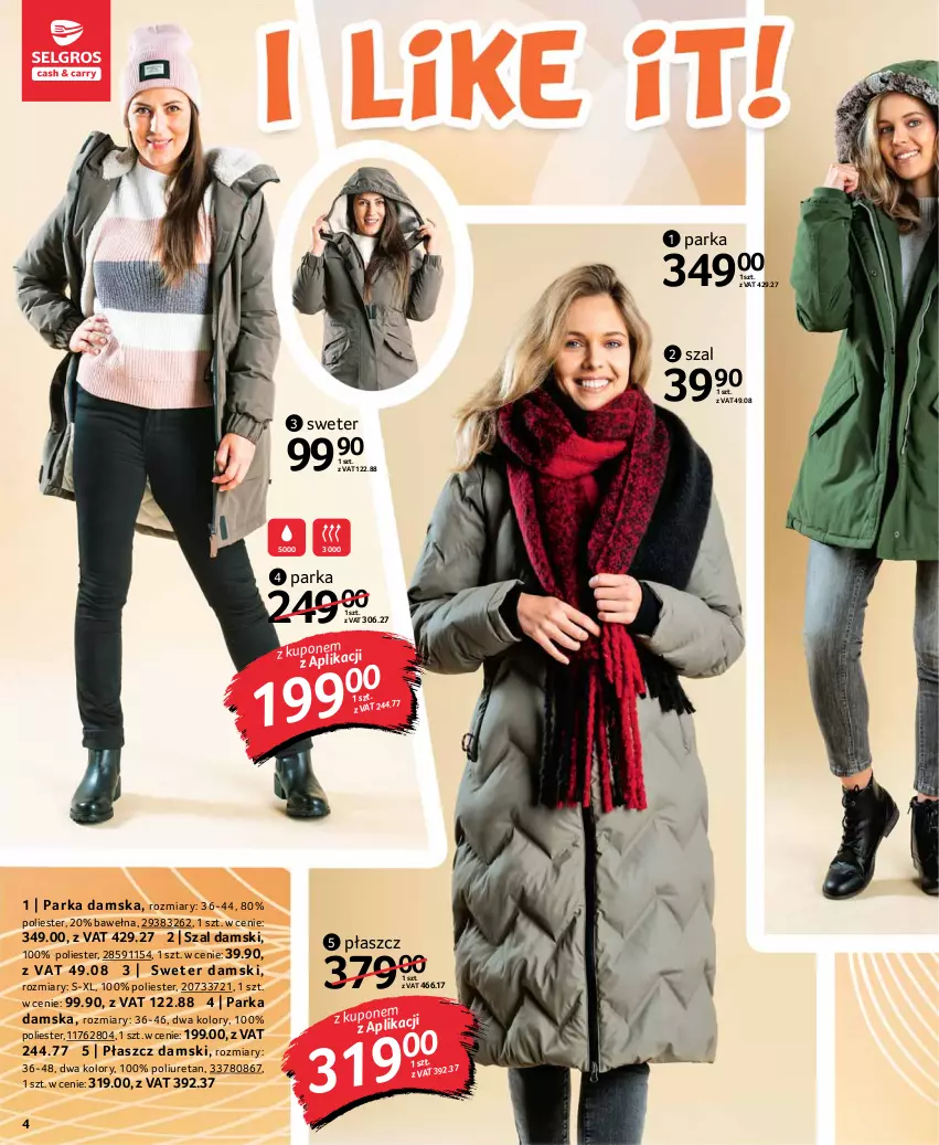 Gazetka promocyjna Selgros - Katalog Tekstylia - ważna 30.09 do 13.10.2021 - strona 4 - produkty: Parka, Płaszcz, Sweter, Szal, Wełna