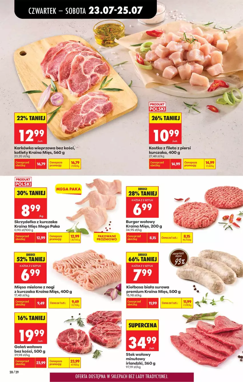 Gazetka promocyjna Biedronka - Od Czwartku - ważna 23.07 do 29.07.2026 - strona 28 - produkty: Burger, Karkówka wieprzowa, Kiełbasa, Kiełbasa biała, Kotlet, Kurczak, Mięso, Mięso mielone, Skrzydełka z kurczaka, Stek, Stek wołowy