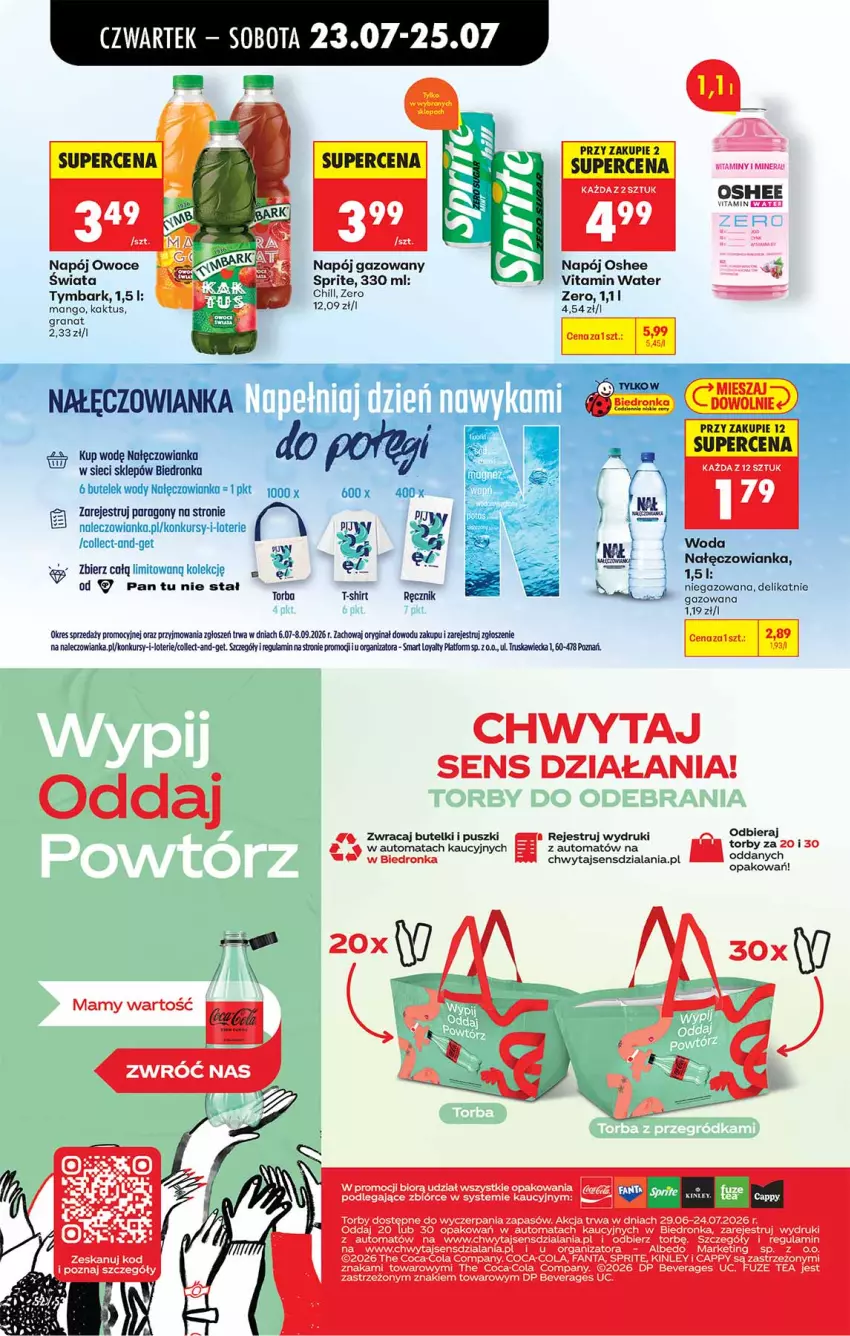Gazetka promocyjna Biedronka - Od Czwartku - ważna 23.07 do 29.07.2026 - strona 52 - produkty: Cappy, Coca-Cola, Fa, Fanta, Gin, Gra, Granat, Kaktus, Mango, Nałęczowianka, Napój, Napój gazowany, Oshee, Owoce, Ręcznik, Sprite, T-shirt, Torba, Tymbark, Woda
