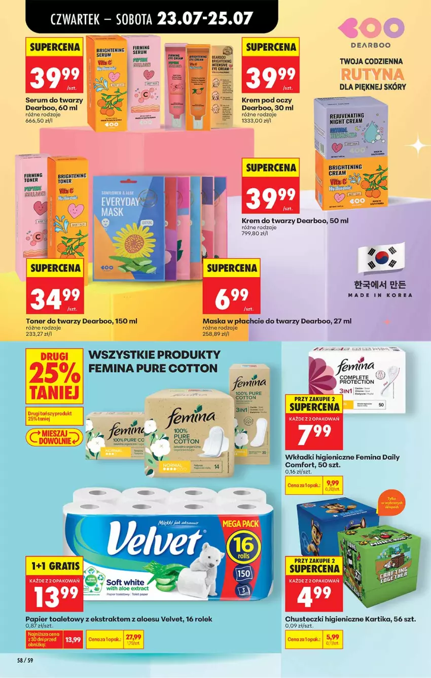 Gazetka promocyjna Biedronka - Od Czwartku - ważna 23.07 do 29.07.2026 - strona 58 - produkty: Chusteczki, Fa, Gra, Krem do twarzy, Krem pod oczy, Maska, Maska w płachcie, Papier, Papier toaletowy, Pur, Rum, Ser, Serum, Serum do twarzy, Velvet, Wkładki