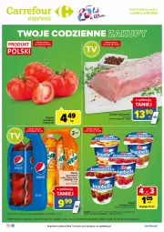 Gazetka promocyjna Carrefour - Gazetka Express - Gazetka - ważna od 08.08 do 08.08.2022 - strona 1 - produkty: Ser, 7up, Pepsi max, Zott, Bell, Jogurt, Mirinda, Kosz, Pepsi, Schab wieprzowy, Bella, Jogobella, Pomidory, Fa
