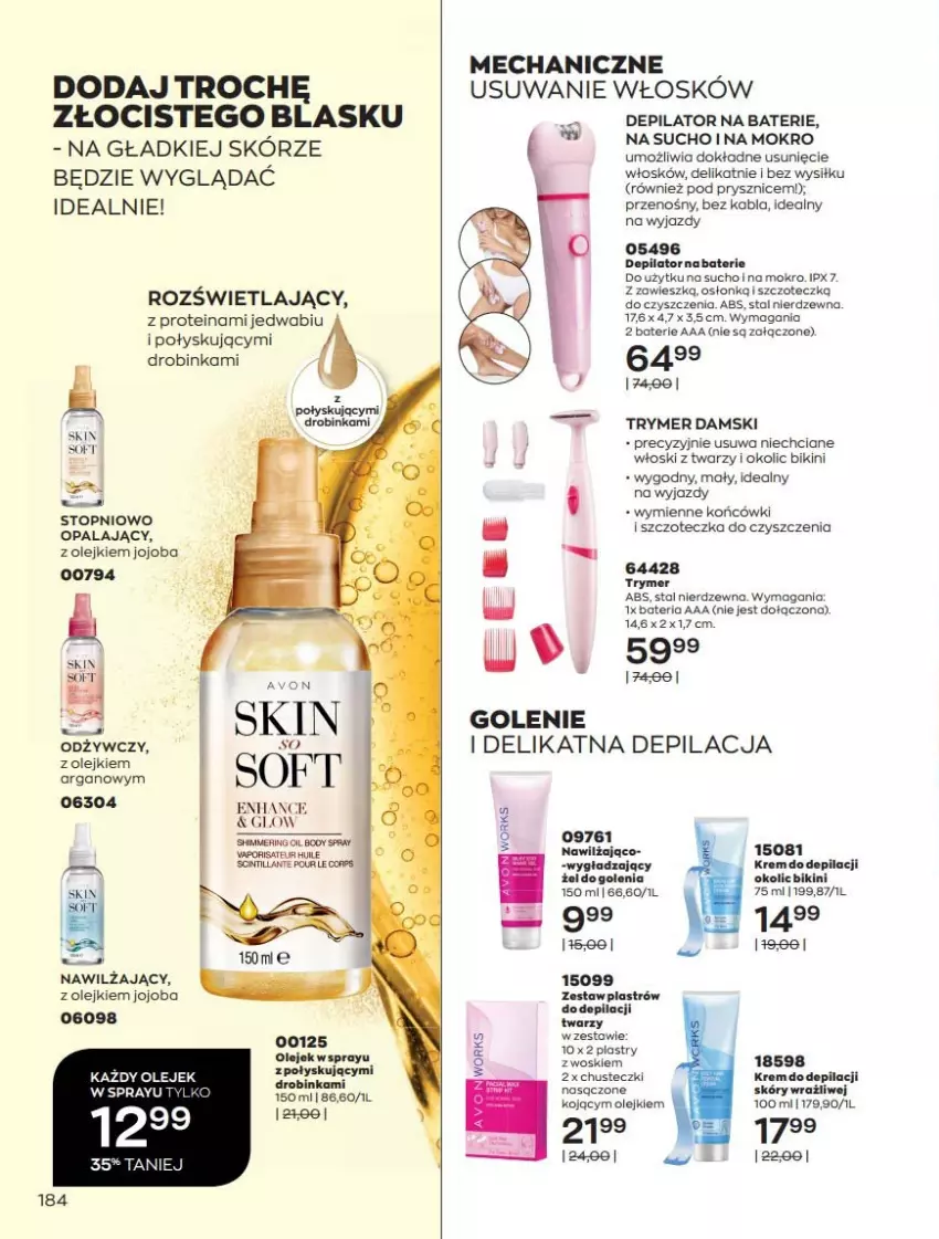 Gazetka promocyjna Avon - Lipiec - ważna 01.07 do 31.07.2021 - strona 184 - produkty: Bateria, Bikini, Body, Chusteczki, Depilator, Inka, Krem do depilacji, Olej, Szczoteczka, Top